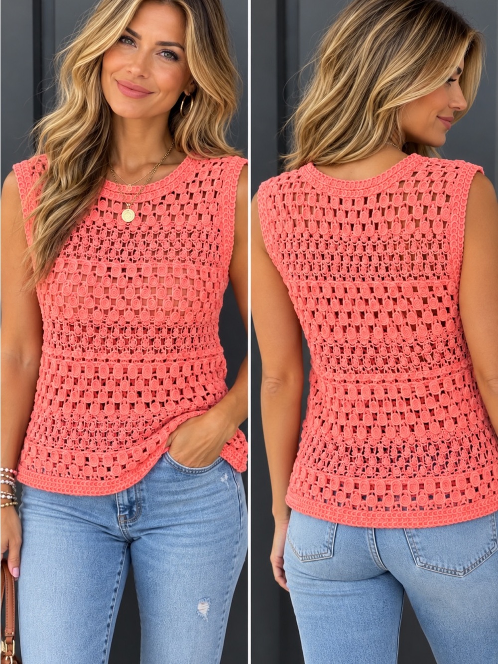 Pol Sleeveless Crochet Knit Top - Coral Pink-One Size Fits Most